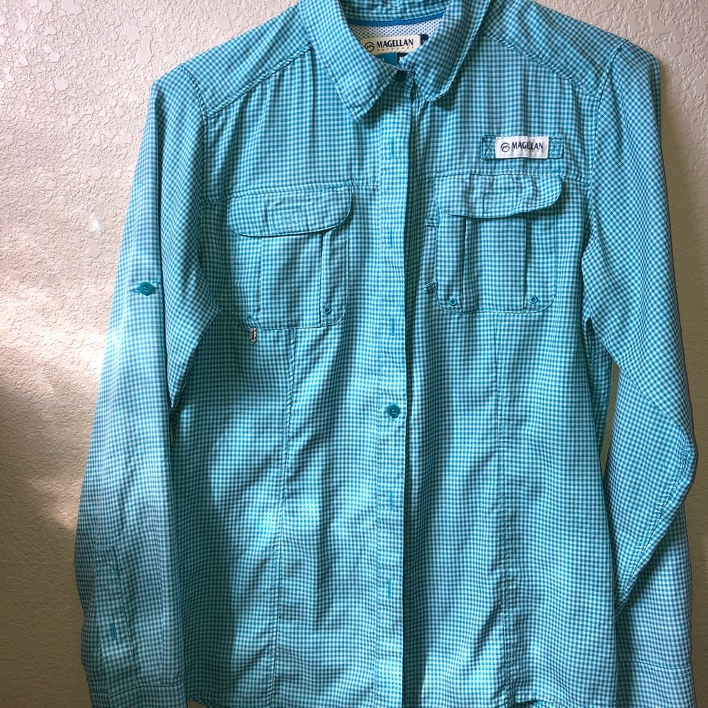 Magellan blue and white, medium, fishing shirt.